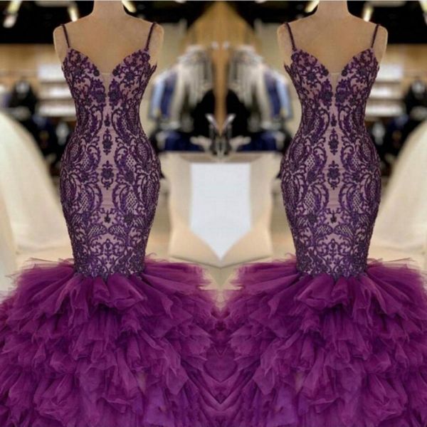 2k19 purple mermaid prom dresses with spaghetti straps tiered skirt tulle and lace celebrity evening dress floor length party gowns, Black
2k19 purple mermaid prom dresses with spaghetti straps tiered skirt tulle and lace celebrity evening dress floor length party gowns, Black