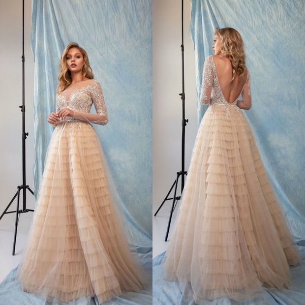 eva lendel 2020 wedding dresses jewel long sleeves lace tiers bridal gowns custom made backless sweep train a-line wedding dress, White
eva lendel 2020 wedding dresses jewel long sleeves lace tiers bridal gowns custom made backless sweep train a-line wedding dress, White