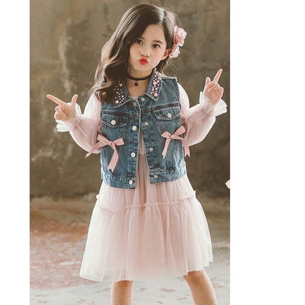 girls clothes suit pearl neck denim vest + mesh dress 2pcs girl set clothes teenage children clothing 6 8 10 12 13 14 year, White
girls clothes suit pearl neck denim vest + mesh dress 2pcs girl set clothes teenage children clothing 6 8 10 12 13 14 year, White