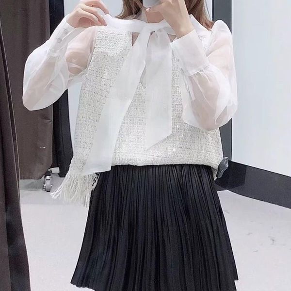 elegant patchwork tweed woolen organza blouse women bow tassel transparent long sleeve loose shirts, White
elegant patchwork tweed woolen organza blouse women bow tassel transparent long sleeve loose shirts, White