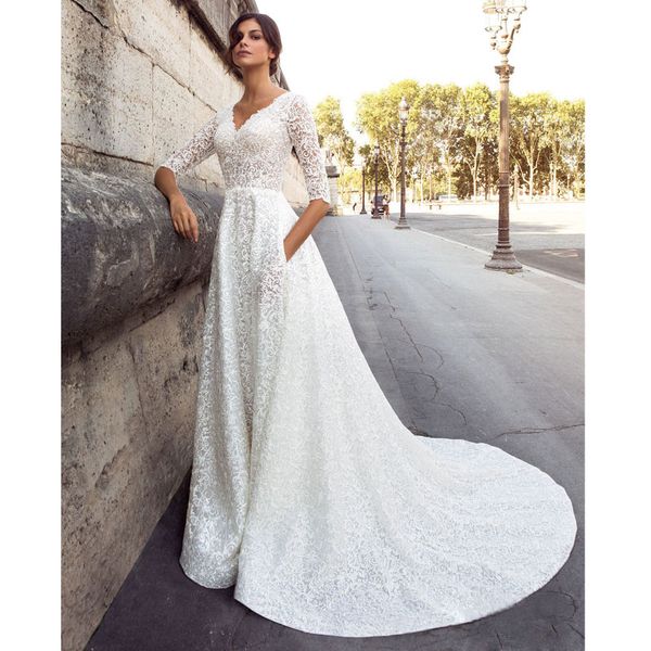 a line lace wedding dresses v neck with half sleeves bridals gowns sweep train vestidos de noiva, White
a line lace wedding dresses v neck with half sleeves bridals gowns sweep train vestidos de noiva, White