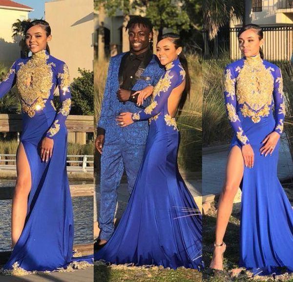 gold lace appliqued high neck long sleeves royal blue mermaid prom dresses 2018 plunging keyhole high split evening gowns, Black
gold lace appliqued high neck long sleeves royal blue mermaid prom dresses 2018 plunging keyhole high split evening gowns, Black