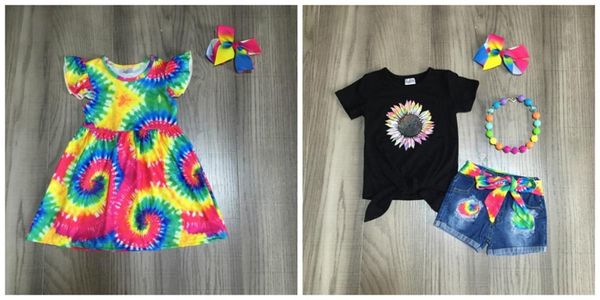 summer baby girls children clothes jeans shorts set tie dyed tie kenn length dress cotton ruffle boutique match accessories, Red;yellow
summer baby girls children clothes jeans shorts set tie dyed tie kenn length dress cotton ruffle boutique match accessories, Red;yellow