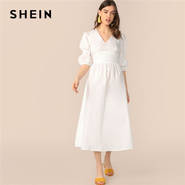 

shein elegant abaya white bishop sleeve button front fit and flare summer dress women half sleeve v neck solid long dresses, Black;gray