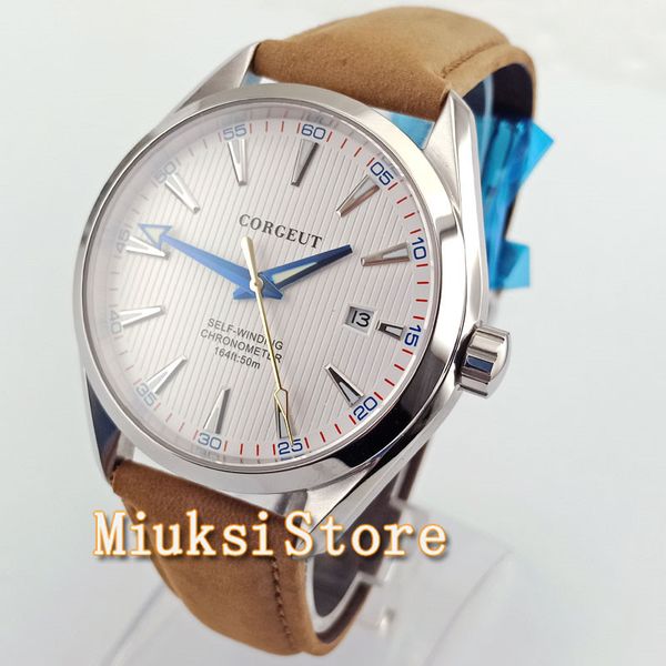 41mm men wrist watch white dial steel case coffee band automatic mens watch, Slivery;brown
41mm men wrist watch white dial steel case coffee band automatic mens watch, Slivery;brown