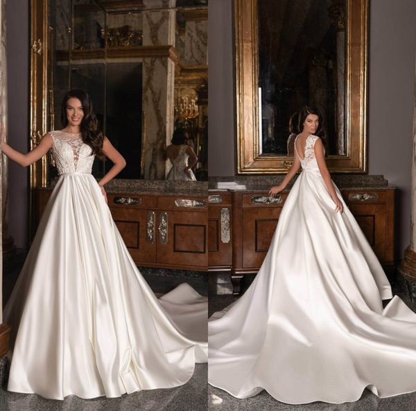 2020 a-line wedding dresses jewel sleeveless satin lace appliqued court train wedding gown ruched backless robes de mariée, White
2020 a-line wedding dresses jewel sleeveless satin lace appliqued court train wedding gown ruched backless robes de mariée, White