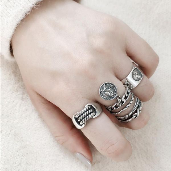 

925 sterling silver index finger rings for women twisted rope retro hipster personality chain coin ring korean jewelry, Golden;silver