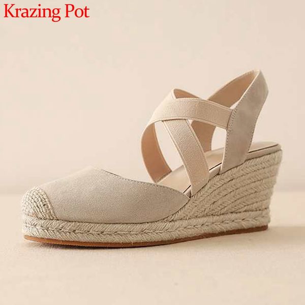 sandals krazing pot limited ccustomization genuine leather round toe high heel straw wedges elastic band fashion shoes women l18, Black
sandals krazing pot limited ccustomization genuine leather round toe high heel straw wedges elastic band fashion shoes women l18, Black