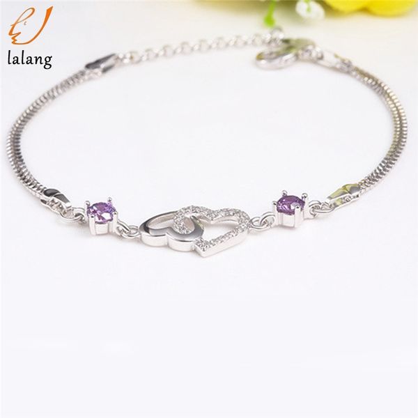 women luxurious silver plated double heart natural white purple crystal chain bracelets gift jewelry, Black
women luxurious silver plated double heart natural white purple crystal chain bracelets gift jewelry, Black