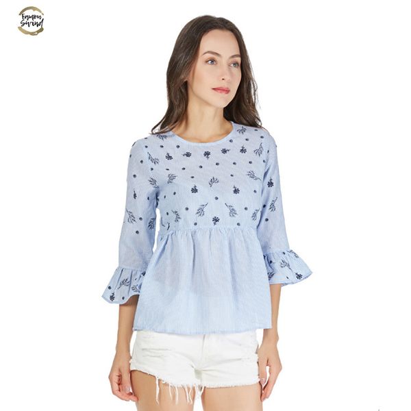 sweet ruffled floral embroidery striped pleated shirts long bell sleeve cute o neck applique blouse ladies casual brand blusas, White
sweet ruffled floral embroidery striped pleated shirts long bell sleeve cute o neck applique blouse ladies casual brand blusas, White