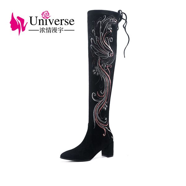 j333 universe flock over knee high women boots female chinese phoenix boots, Black