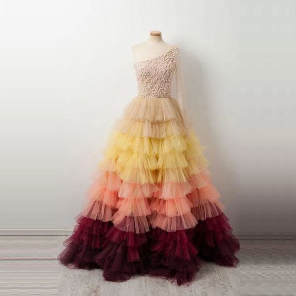 unique tulle one shoulder prom dresses cake style pearls beading pastel prom dresses with brush train long sleeve formal dresses, Black
unique tulle one shoulder prom dresses cake style pearls beading pastel prom dresses with brush train long sleeve formal dresses, Black