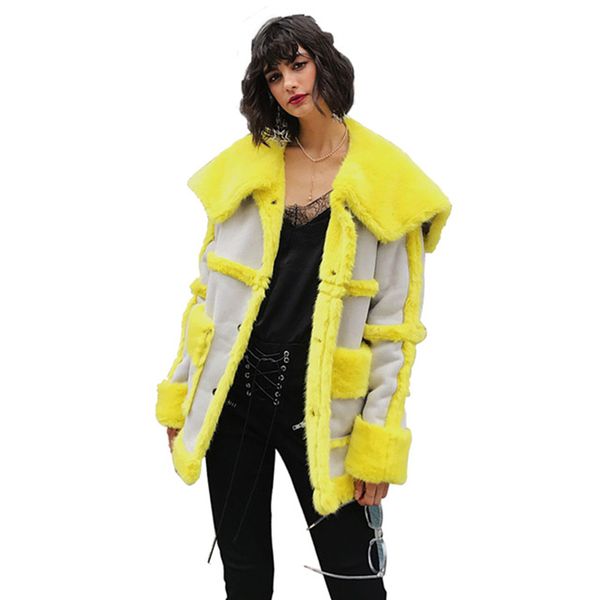 women's fur & faux 2021 winter fashion patchwork leather suede coat women yellow full sleeve female thick warm outerwear ljls081, Black
women's fur & faux 2021 winter fashion patchwork leather suede coat women yellow full sleeve female thick warm outerwear ljls081, Black