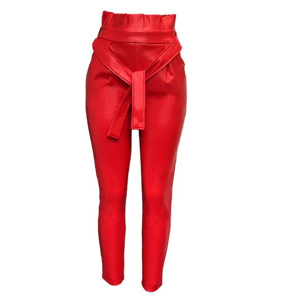 women red black faux leather suit pants high waist pants sashes pockets 2020 office ladies pu leather trousers, Black;white 
women red black faux leather suit pants high waist pants sashes pockets 2020 office ladies pu leather trousers, Black;white