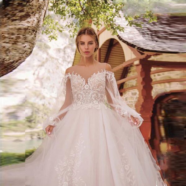 scoop neckline long tulle sleeves with applique leaky shoulder a-line wedding dress sweep train illusion back bridal dress, White
scoop neckline long tulle sleeves with applique leaky shoulder a-line wedding dress sweep train illusion back bridal dress, White