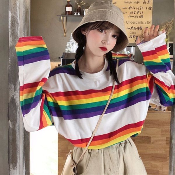 autumn clothes rainbow loose long-sleeved t-shirt female fat mm size 200 jin student cec super tide, White
autumn clothes rainbow loose long-sleeved t-shirt female fat mm size 200 jin student cec super tide, White
