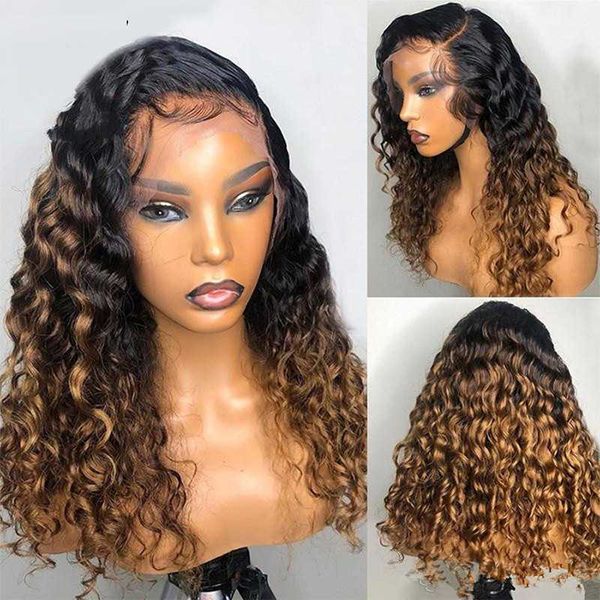

1bt30 ombre honey blonde 13*6 curly human hair wig brazilian remy preplucked 13x6 lace front wig glueless baby hair for women, Black;brown