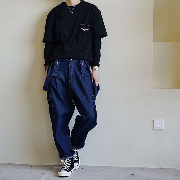 denim bib men's japanese harajuku port style ins super retro retro loose straight wide leg tide brand overalls, Blue
denim bib men's japanese harajuku port style ins super retro retro loose straight wide leg tide brand overalls, Blue