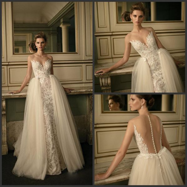 new berta illusion backless wedding dresses pearls sheer pluning neckline lace mermaid bridal gown with tulle detachable skirt wedding dress, White
new berta illusion backless wedding dresses pearls sheer pluning neckline lace mermaid bridal gown with tulle detachable skirt wedding dress, White