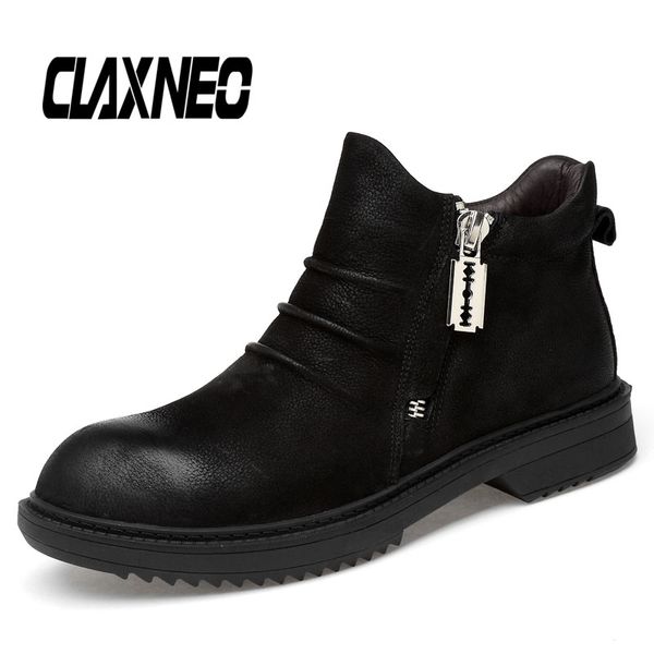 

claxneo man boots zipper autumn men shoes genuine leather designer male ankle boot casual walking footwear, Black