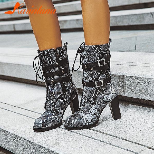 

karin new plus size 33-48 western motorcycle booties ladies cool snake veins ankle boots women ladies high heels shoes woman, Black