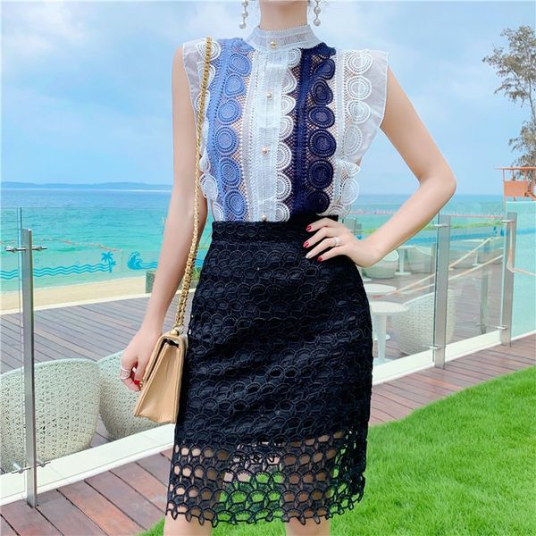 summer hit color lace two piece set women hollowed-out sleeveless shirt black pencil skirts set, White
summer hit color lace two piece set women hollowed-out sleeveless shirt black pencil skirts set, White