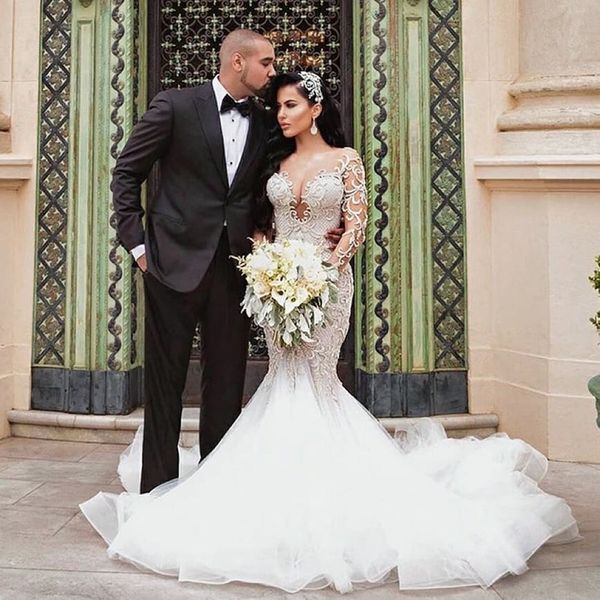 fabulous mermaid lace wedding dresses beaded sheer bateau neck long sleeves appliqued bridal gowns sweep train plus size vestidos de nnovia, White
fabulous mermaid lace wedding dresses beaded sheer bateau neck long sleeves appliqued bridal gowns sweep train plus size vestidos de nnovia, White