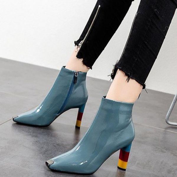women patent leather ankle boots winter fashion 8 cm high heel metal toe short boots ladies black beige blue party
women patent leather ankle boots winter fashion 8 cm high heel metal toe short boots ladies black beige blue party