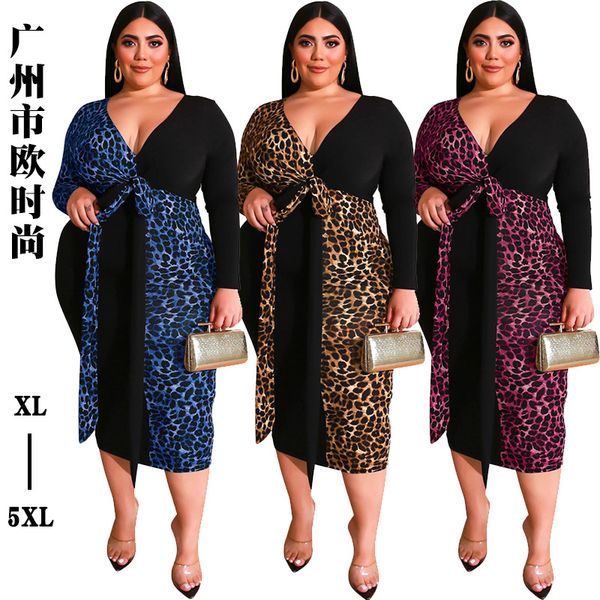european and american leopard print color matching deep v bag hips with belt long section large size women's dress, Black;gray
european and american leopard print color matching deep v bag hips with belt long section large size women's dress, Black;gray