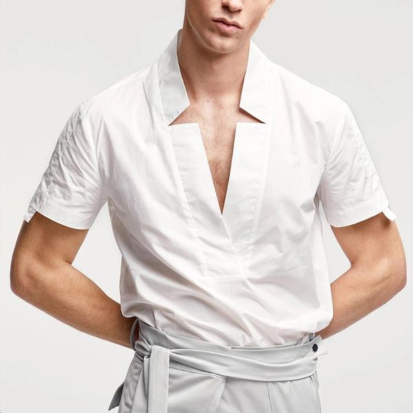 men casual shirt solid color short sleeve shirt with new neckline breathable loose office shirts camisas masculina plus size, White;black
men casual shirt solid color short sleeve shirt with new neckline breathable loose office shirts camisas masculina plus size, White;black