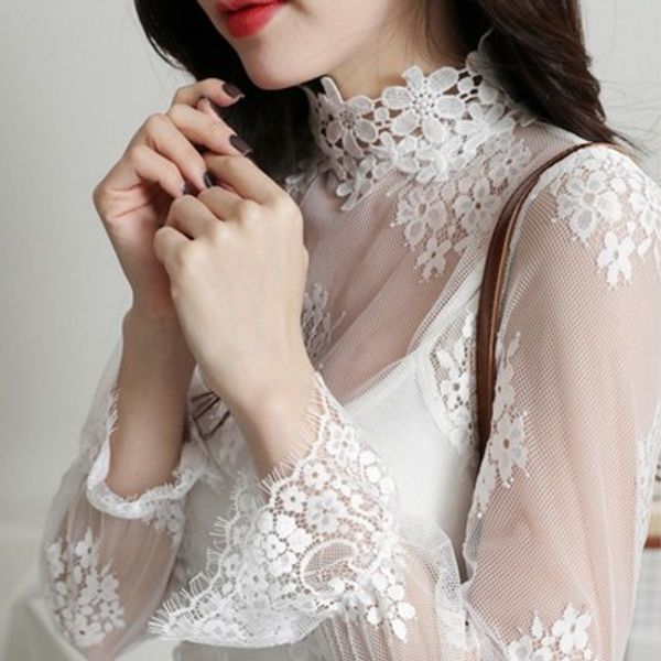 wild lace shirt mesh female summer bottoming shirt turtleneck fashion hollow korean version of sunscreen lace shirt, White
wild lace shirt mesh female summer bottoming shirt turtleneck fashion hollow korean version of sunscreen lace shirt, White