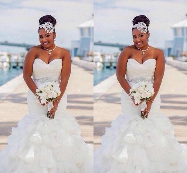 2020 plus size african retro mermaid wedding dresses sweetheart crystal beaded sash organza ruffles tiered custom formal bridal gowns, White
2020 plus size african retro mermaid wedding dresses sweetheart crystal beaded sash organza ruffles tiered custom formal bridal gowns, White