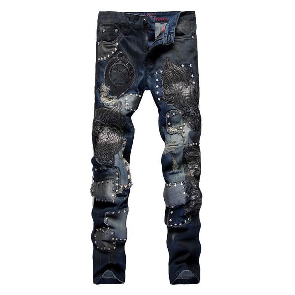 2019 new men's embroidery slim straight jeans fashion rivet patchwork denim pants, Blue
2019 new men's embroidery slim straight jeans fashion rivet patchwork denim pants, Blue