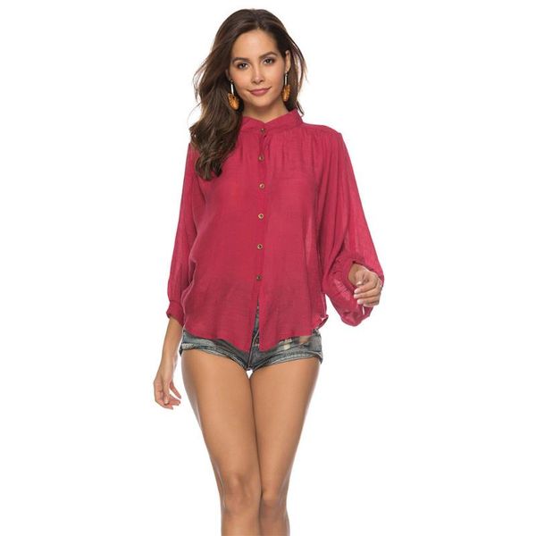 ladies blouse casual summer loose button-down stand collar women shirt batwing sleeve beach fashion spring sun-proof, White
ladies blouse casual summer loose button-down stand collar women shirt batwing sleeve beach fashion spring sun-proof, White