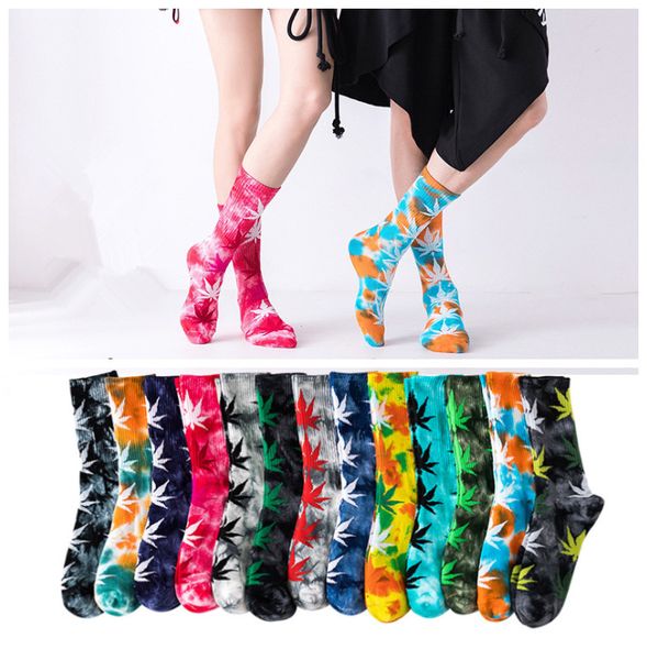 

new dhl ship personality football socks with maple leaves print exclusive teenagers tied dyeing socks sports socks 13 color, Pink;yellow