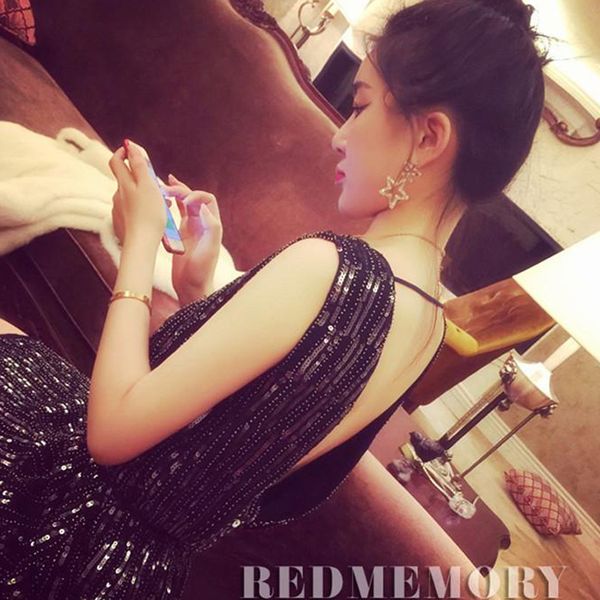 european station 2020 womens backless evening banquet evening dress lady temperament heavy work sequined dress, White;black
european station 2020 womens backless evening banquet evening dress lady temperament heavy work sequined dress, White;black