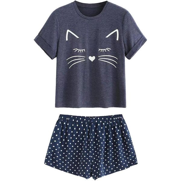 crew neck elastic waist cat print soft shorts summer casual short sleeve home polyester women pajama set nightwear, Black;red
crew neck elastic waist cat print soft shorts summer casual short sleeve home polyester women pajama set nightwear, Black;red