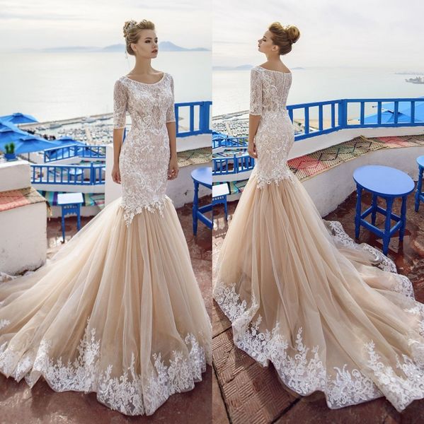 champagne mermaid lace wedding dresses with half sleeves bateau neck sequined bridal gowns trumpet tulle plus size robe de mariée, White 
champagne mermaid lace wedding dresses with half sleeves bateau neck sequined bridal gowns trumpet tulle plus size robe de mariée, White