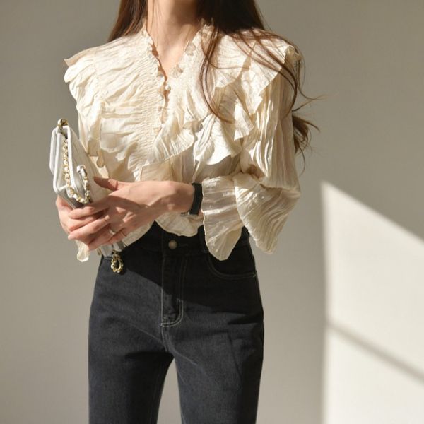 women's blouses & shirts 2021 early spring korean version ruffled fold loose temperament v-neck shirt, White
women's blouses & shirts 2021 early spring korean version ruffled fold loose temperament v-neck shirt, White