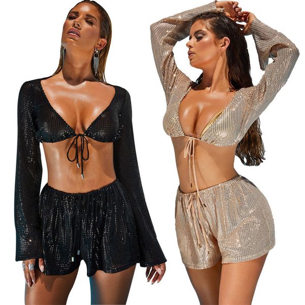 sequins shiny womens designer tracksuits summer 2 piece shorts slim long sleeved v neck fashion womens tracksuits, Gray
sequins shiny womens designer tracksuits summer 2 piece shorts slim long sleeved v neck fashion womens tracksuits, Gray
