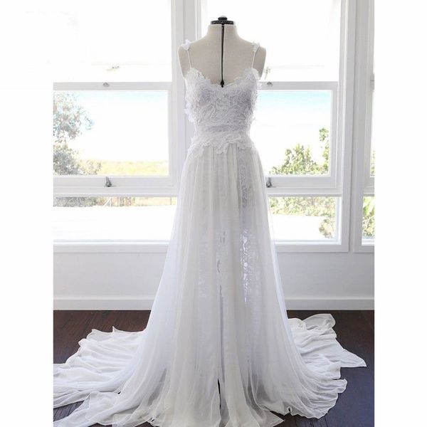 a line selling chiffon ruched summer boho real image backless beach wedding dress 2019 fashion lace slit spaghetti straps bridal gowns, White
a line selling chiffon ruched summer boho real image backless beach wedding dress 2019 fashion lace slit spaghetti straps bridal gowns, White