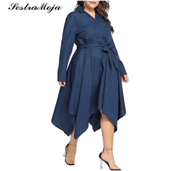 

sestra moja 5xl women's lapel long sleeved irregular hem plus size denim dress 2019 autumn new lapel tie a line denim dress, Black;gray