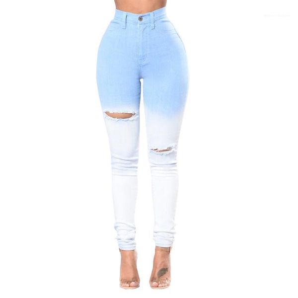 fit pencil pants women dyed jeans blue white patchwork holes skinny slim