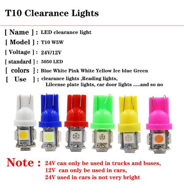100pcs t10 w5w 5050 5 smd 194 168 led white/blue/red/green wedge interior side dashboard license light lamp car styling 24v
100pcs t10 w5w 5050 5 smd 194 168 led white/blue/red/green wedge interior side dashboard license light lamp car styling 24v