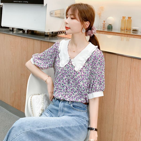 2020 new korean sweet chic girls peter pan collar women blouses summer puff sleeve floral print blusas mujer vintage shirts, White 
2020 new korean sweet chic girls peter pan collar women blouses summer puff sleeve floral print blusas mujer vintage shirts, White