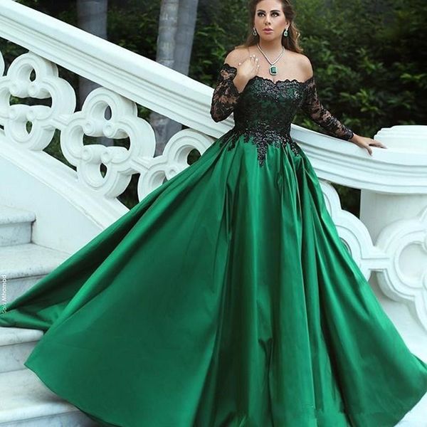 2019 a line formal evening gowns green satin black lace off the shoulder long sleeves prom dresses saudi arabia formal party dress 1131, Black;red
2019 a line formal evening gowns green satin black lace off the shoulder long sleeves prom dresses saudi arabia formal party dress 1131, Black;red
