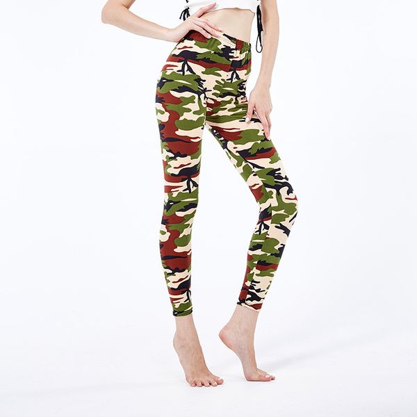 camouflage leggings for women high waisted female cropped pants stretch milk silk printed leggings, Black
