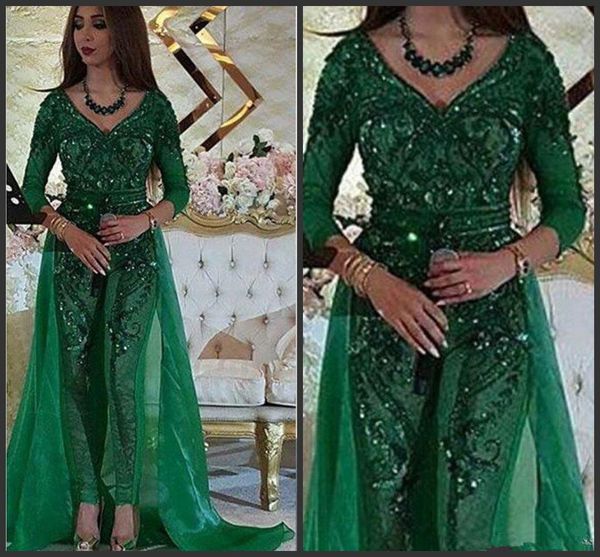 green lace sequins jumpsuit prom gown with train 2020 sparkly long sleeve v-neck custom arabic dubai occasion evening jumpsuit wear gown, Black
green lace sequins jumpsuit prom gown with train 2020 sparkly long sleeve v-neck custom arabic dubai occasion evening jumpsuit wear gown, Black