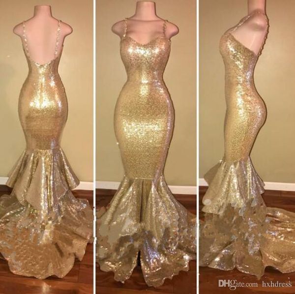 2019 new design sparkly gold sequins mermaid prom dresses spaghetti open back ruffles sweep train evening gowns pageant dress formal aw284, Black
2019 new design sparkly gold sequins mermaid prom dresses spaghetti open back ruffles sweep train evening gowns pageant dress formal aw284, Black