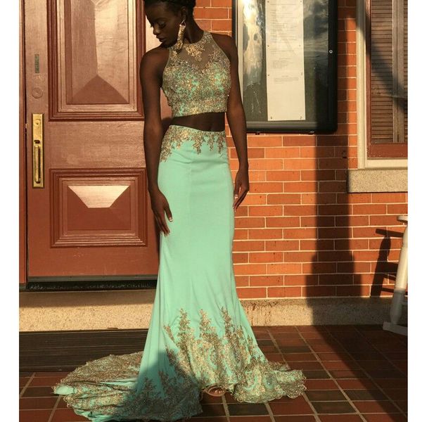 sheer neck two pieces prom dresses gold appliques new stylish 2020 evening gowns custom made vestido arabic formal party gowns, Black
sheer neck two pieces prom dresses gold appliques new stylish 2020 evening gowns custom made vestido arabic formal party gowns, Black
